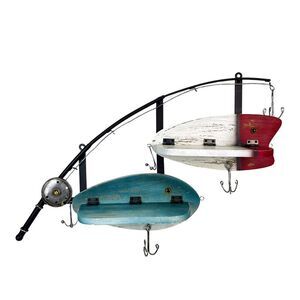 Fishing Pole Wall Shelf with Two Lure Shelves Rustic Metal Wood Zeckos 24" Decor